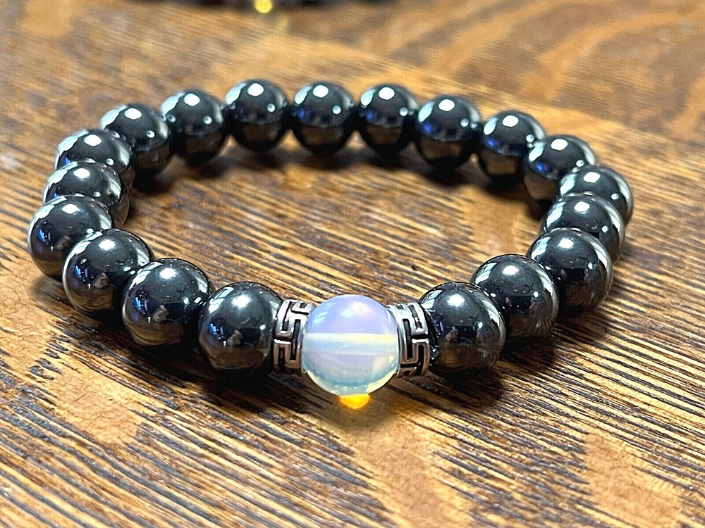Hematite, Blue Moonstone & Sterling Silver 10mm Gemstone Mood Bracelet
