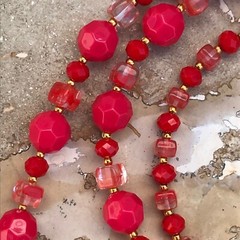 Handmade Necklace Bracelet Set Acrylic and Glass Beads Coral Pink Red Gold Tone