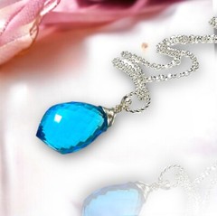 Lab Made Swiss Blue Topaz Pendant Sterling Silver 925, Wire Wrapped , December