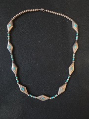 Native American Sterling Silver Bead Necklace Handmade with Turquoise Inlay ~26″