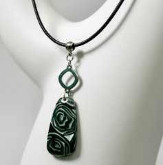 Handmade Polymer Clay Large Pendant Necklace Black Rose Floral Stainless Clasp