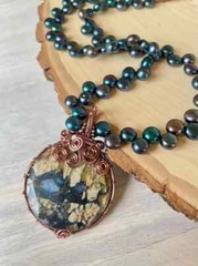 New Handmade Statement Necklace- Wire Wrapped Stone with Black Button Pearls
