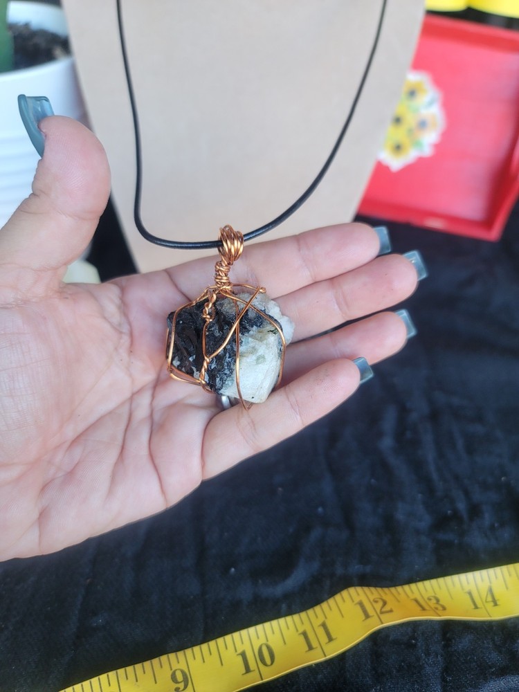 Handcrafted Copper Wrapped Black And White Moonstone Pendant Necklace