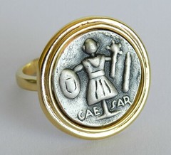 Designer Roman Caesar Coin Silver 925 & Gold 24K Plated Ring Size 8 UK P 1/2
