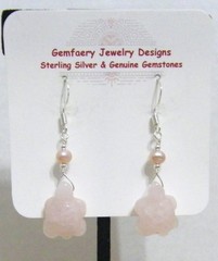 Sterling Silver Carved ROSE QUARTZ Turtle Dangle Earrings #301…Handmade USA