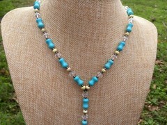 Handmade Y Necklace Turquoise and Yellow Magnesite with Clear Glass Black Metal