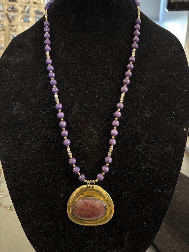 Vintage Artisan 8mm Beaded Charoite Necklace w/ Brass Glass Pendant Handmade 30”