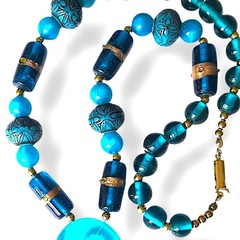 Artisan Turquoise Blue Y Drop Necklace Lampwork Glass Acrylic Beads Boho OOAK