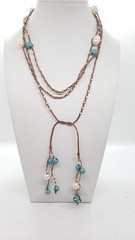 Turquoise & Genuine Freshwater Pearl 32″ Tie Necklace Belt Single Strand Boho