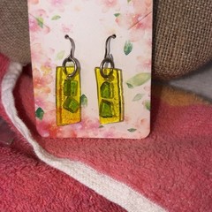 Handcrafted Rectangle Dangle Earrings Green An Yellow Sea Glass 925 Hooks
