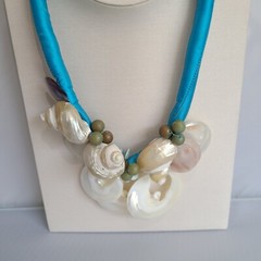 Boho Handmade Statement Necklace MOP Shells Beads Blue Aqua Fabric Chain Cord