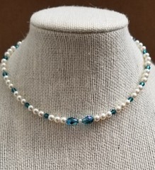 Swarovski Crystal Necklace – Blue Zircon AB & White Pearl – 14″