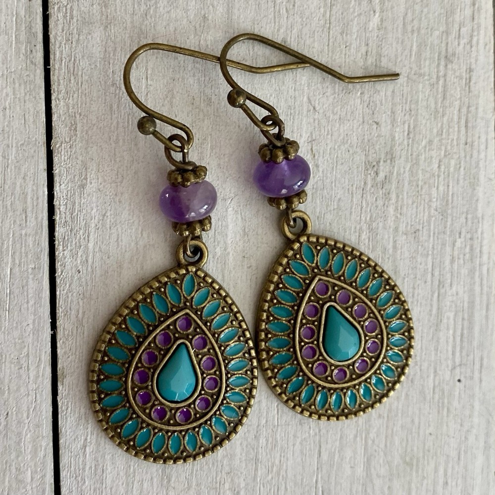 Min Favorit Colorful Enamel Pendant & Amethyst Brass Artisan Boho Earrings