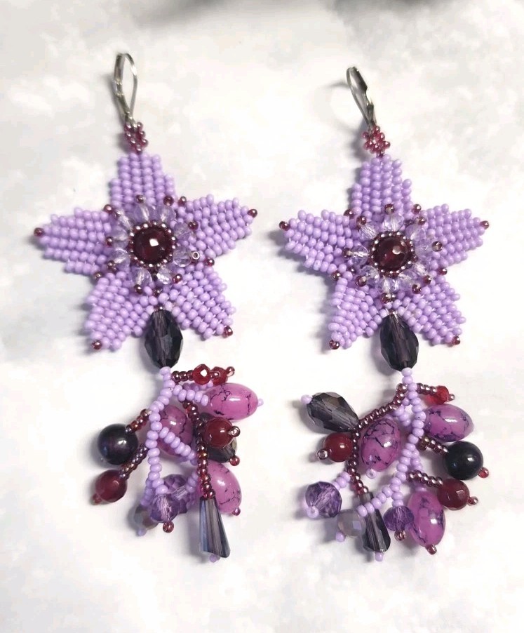 Handmade Beaded Flower Dangle Earrings with Seed Beads. Purple Color