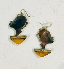 Artisan Sculptural Face Earrings Mixed Metal Silver & Copper with Amber Drop