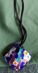 Murano Glass Charm Pendant Necklace Italy Blue White Yellow Aqua 26″ Long