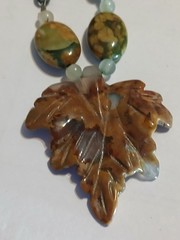 Handmade Carved Stone Leaf Pendant Necklace Earth Tone Beaded Jasper 18 Inch