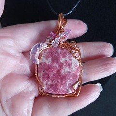 Pink Thulite copper wire wrapped stone crystal necklace with aurora borealis…