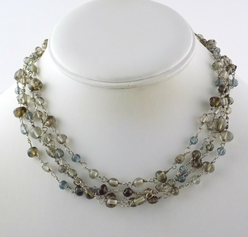 American Eagle Gray Brown Blue Glass Strand Necklace AE 925 62In Sterling Silver