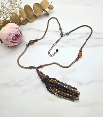 Artisan Glass Tassel Necklace Faux Amber Copper Snake Chain 28 In Adj