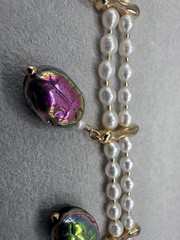 Green Scarab Layered Pearl Collar and Earrings, Egyptian inspired