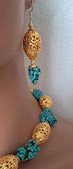 Turquoise Nugget Gold Filigree Beaded Statement Necklace Earring Set 181 Grams