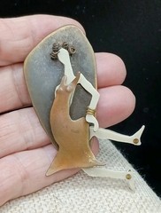 Articulated Dancing Woman Figure Brooch Whimsical Mixed Media Pin Handmade 3″
