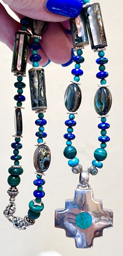 LOVELY Artisan Sterling Silver Malachite, Turquoise, Abalone Reversible Necklace