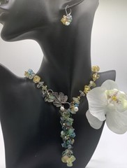 Set of Necklace and Earrings Handmade Gem. Pearls And Multicoloured Stones