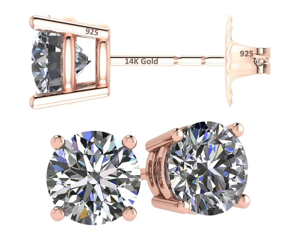 Rose Gold Plated 925 Sterling Silver 4 Prong Stud Earrings With 1.00 Carat CZ