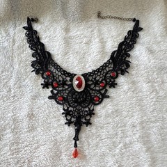 Black Lace Gothic Victorian Choker Necklace with Red Glass Stones Adjustable