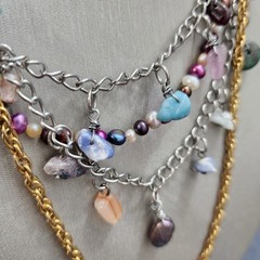 Vintage Handmade Necklace Layered Mixed Materials Boho Statement Gems Pearls
