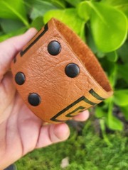 Genuine leather cuff women bracelet hand painted Greek Aztec line chain style
