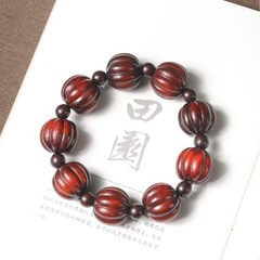 Carved Pumpkin Prayer Bead Bracelet with Natural Wood Beads Mala Beads