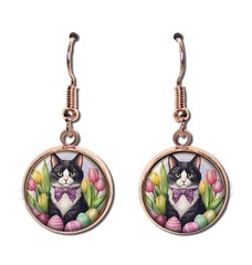 Sweet Easter Theme Tuxedo Cat- Handmade Resin Dangling Earrings 16mm SIZE