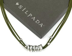 SILPADA Sterling Silver Electroform TUBE BEAD Green Leather Necklace~#N1481