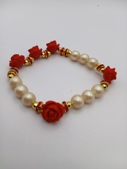 Cinnabar Roses Pearls Golden Hematite Red Sparkles Beaded Bracelet