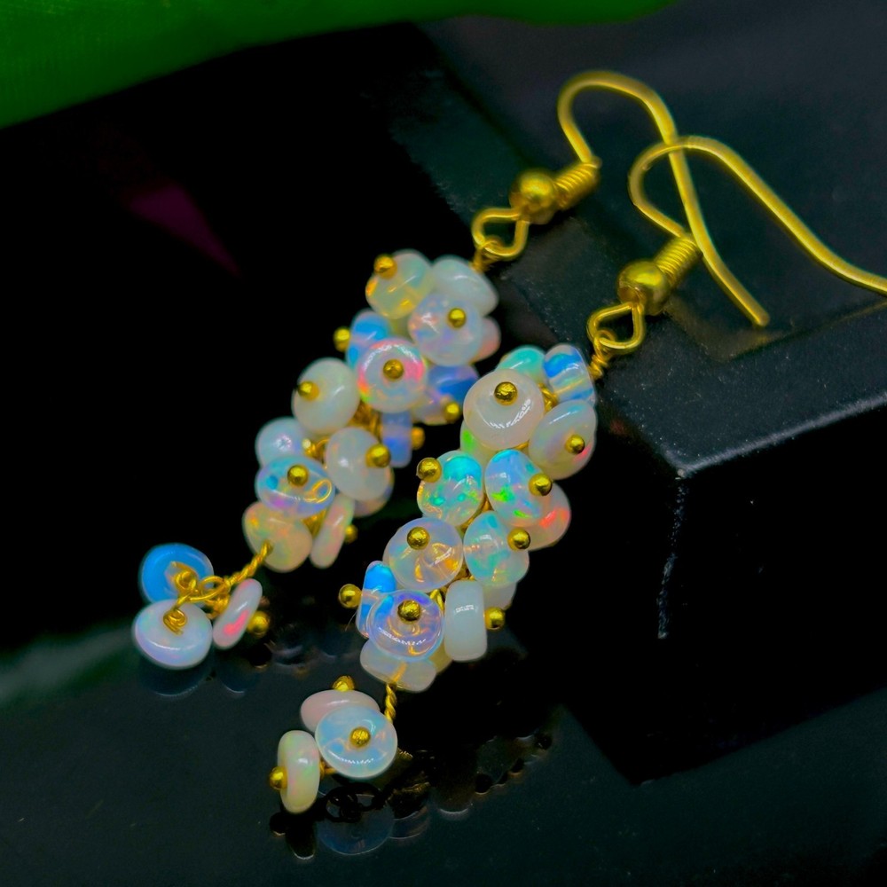 Ethiopian White Opal Gemstone Beads Cluster Earring, Multifire Opal Beaded Gold