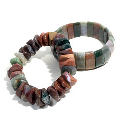 2 Pc HANDCRAFTED Polished Stone BEAD BRACELET Lot Chunky MultiColor GREEN Brown