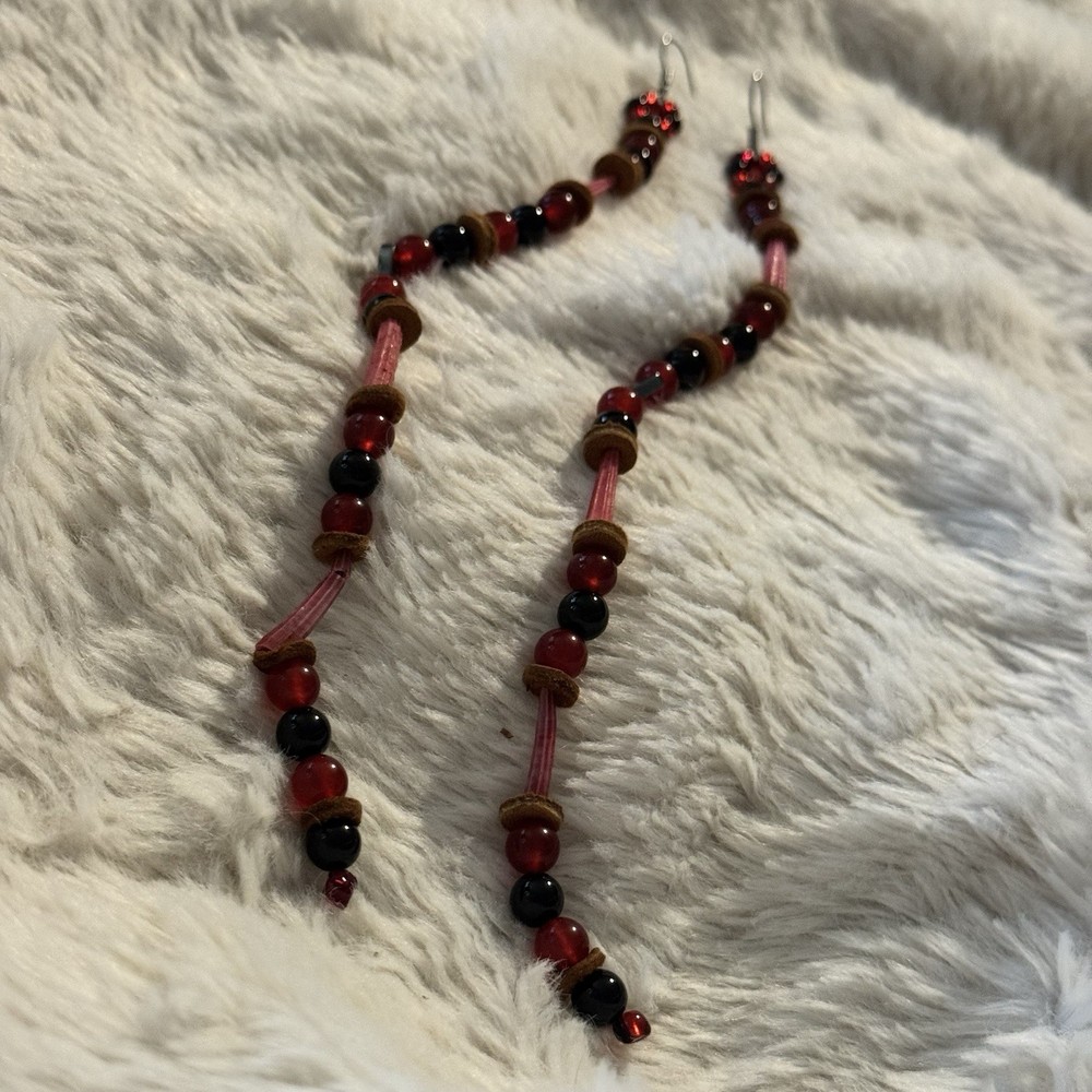 Alaska Native Style Beaded Dangle Earrings Hematite Heart Leather Artisan