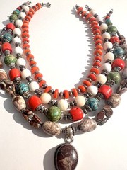Moroccan EthnicNatural Red CORAL Bead & Turquoise Bead Necklace W Silver Spacers