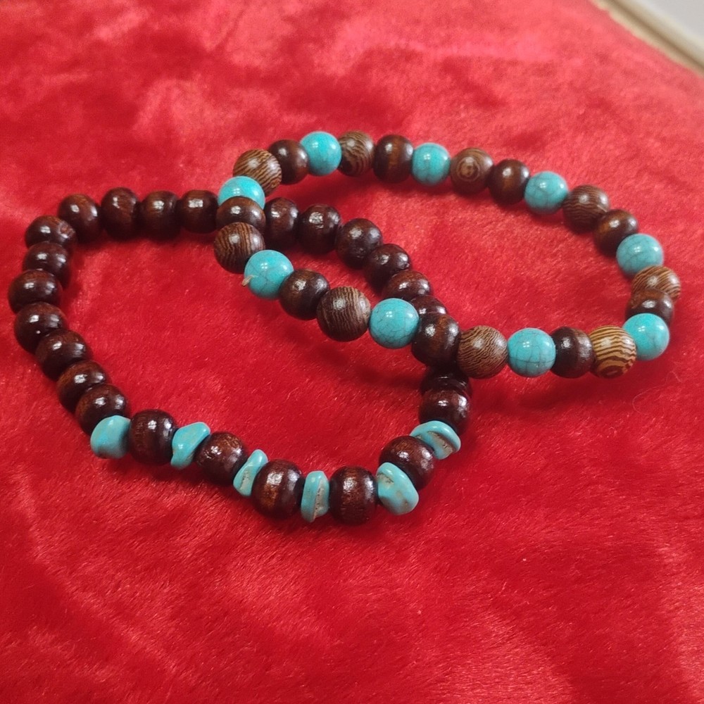 Beaded Wood Turquoise Gemstone Bracelet Set Brown Blue Bohemian Unisex Adults