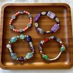 Boho Gemstone Crystal Bracelet Stack Set of 4 Amethyst Fluorite Silver Artisan