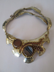 Artisan Agate Hammered Metal Bib Statement Necklace Mexico Vintage Boho