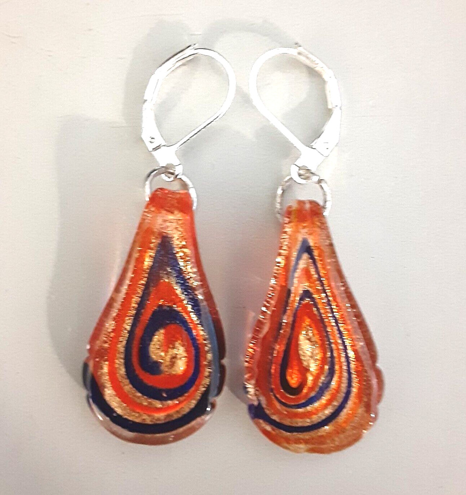 Vintage Red Foil Glass Bead Dangle Earrings Leverback Silver 1.5 inch