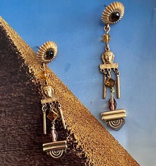 Handcrafted Egyptian Revival Earrings, Pharaoh, Tut, Czech Glass, Topaz, Gold