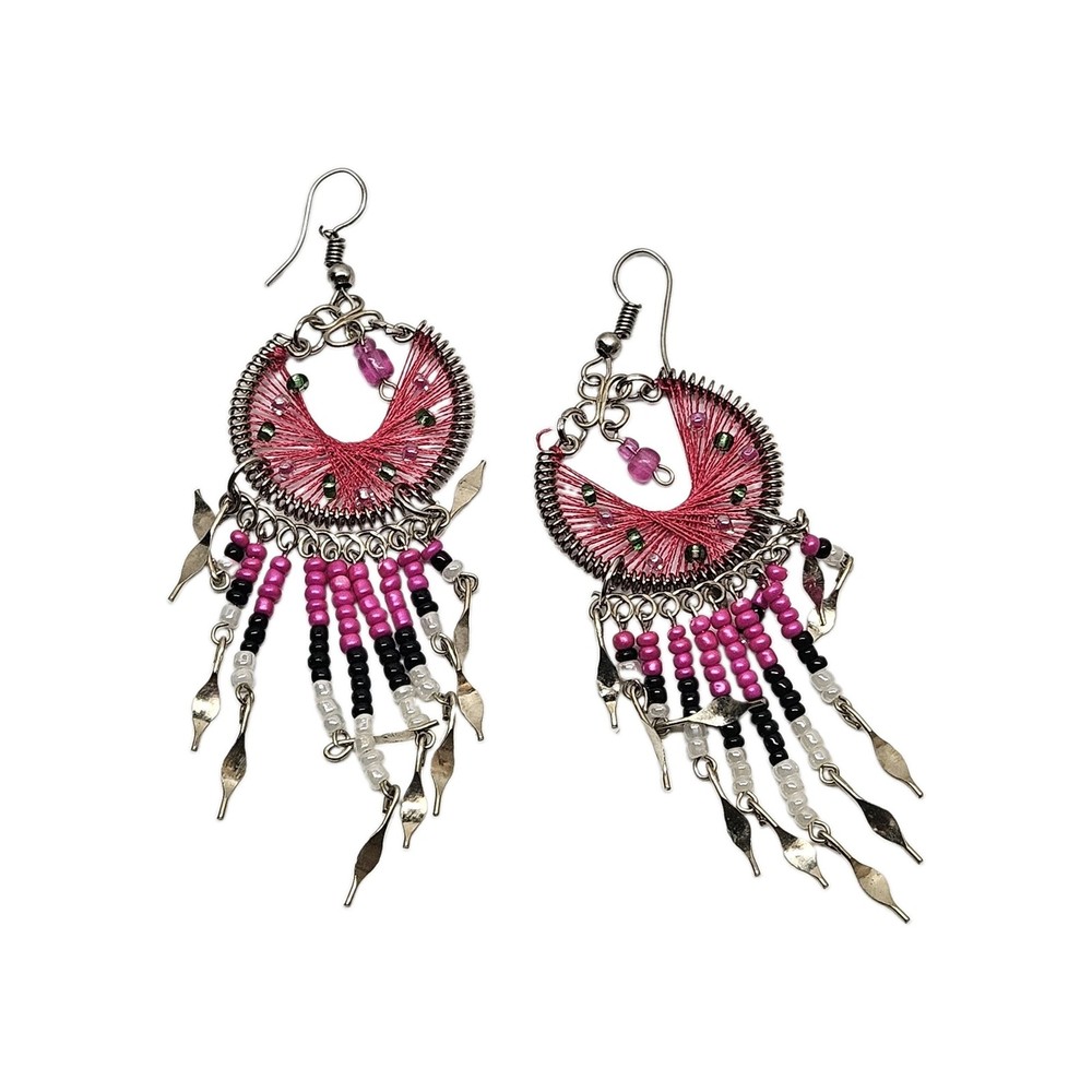 Handmade Large Beaded Thread Moon Shaped Earrings With Long Beaded Dangles