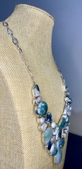 Large Handcrafted Moss Agate & Cultured Pearl 28″ Bib Statement Necklace 147gr