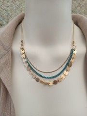 Layered Bib Necklace Gold Turquoises Tone Chain Modernist Egyptian Revival