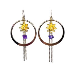 Gold Lotus Hoop Earrings Raw Amethys, 14k Gold Filled or Sterling Silver